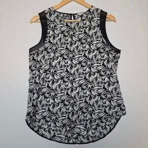 Chaus New York Tropical Leaf Print Sleeveless Blouse Black White Size Medium